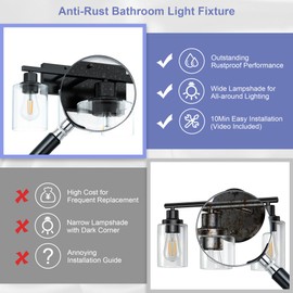 Dekang Black Bathroom Lights Over Mirror, Anti-Rust 3-Light Vanity Lighting Fixture for Bathroom, Modern Wall Sconce Light for Living Room, Standard E26 Base, Clear Glass Shades, Bulbs Not Included