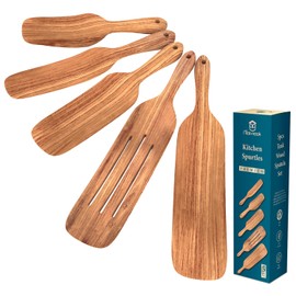 Juego de utensilios de cocina de madera. 5 piezas de madera de teca con agujero para colgar. Este juego de chorros es ideal para mezclar, recoger y servir. Utensilios de cocina antiadherentes. Gran idea de regalo.