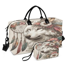 Wolf Travel Duffle Bag Gym Bag, Flower Dreamcatcher Wolf Weekender Bags for Women with Toiletry Bag Travel Tote Bag Swim Bag, Wolf 50, one size