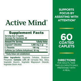 Nature's Bounty Active Mind Dietary Supplement, Supports Focus and Attention, 1000 mg Cognizin with L-Theanine and Caffeine Pills, 60 Caplets