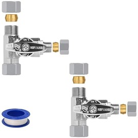 WiseWater 2 Pack 3/8 Female Comp x 3/8 OD x 1/4 OD Tee Stop Valves 1/4 Turn Chrome Plated Brass Water Shut Off Valve 3-Way Compression Fit for Refrigerator, Ice Maker, Coffee Brewers, Water Filters