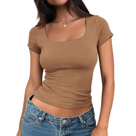MIROMIHO Womens Square Neck Going Out Crop Tops Short Sleeve T Shirts Summer Cute Clothes Basics Tees Coffee