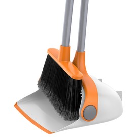 MR.SIGA Broom and Dustpan Set with Long Handle, Stand Upright Broom with Dustpan Combo for Cleaning Office, Garage, Lobby, Lightweight Sweeping Set, 51.7"(131 cm) Long Handle, White & Orange