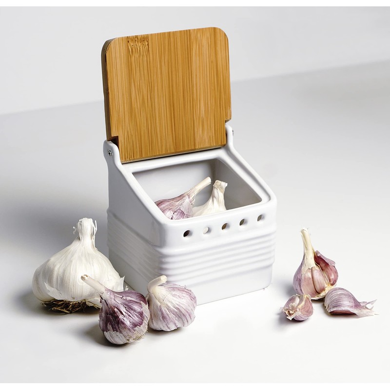 RSVP International White Stoneware Kitchen Collection, Stoneware Garlic Keeper, 4.5x4x4.5"