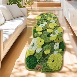 COMBLUE Green Moss Runner Rug Bath Mat Non Slip, Ultra Soft Absorbent Aesthetic Decor Shaggy Tufted Leaf Leaves Extra Long Bath Rugs for Bathroom Floor, Shower, Bedroom, Machine Washable, 32x71 Inch