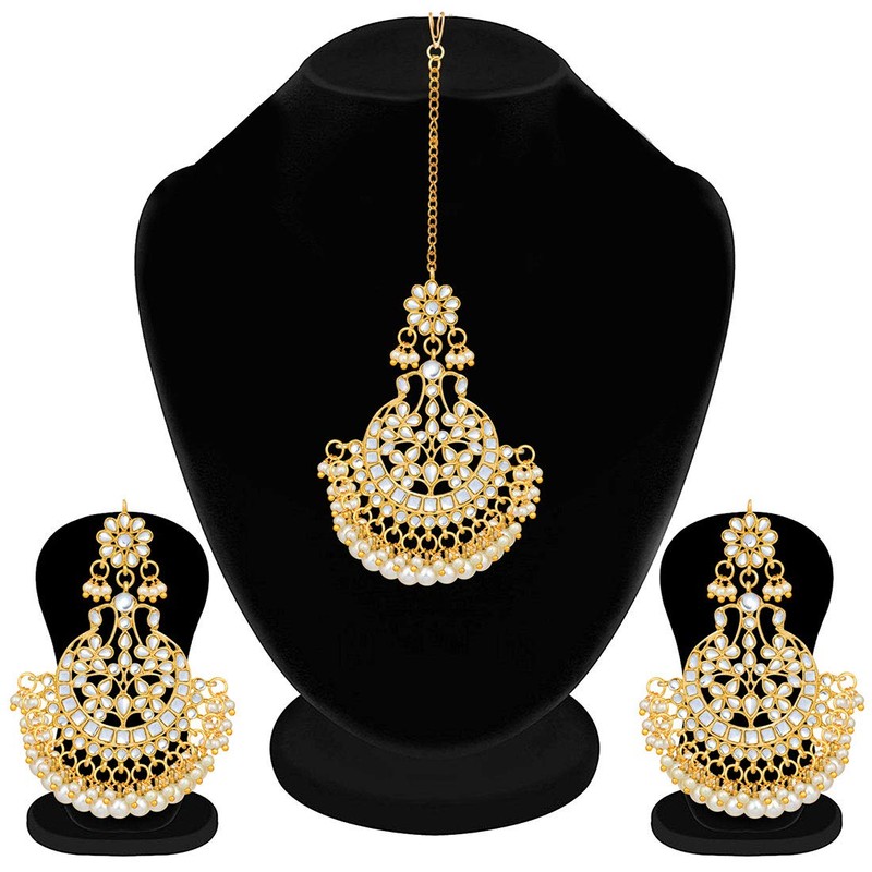 Aheli Indian Wedding Kundan Pearl Maang Tikka con pendiente Set