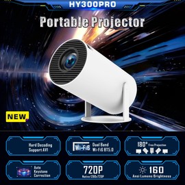 HY300 Pro Mini Portable Projector, Smart Projector Auto Horizontal Correction 4K, 180° Rotatable Outdoor Movie Projector Compatible with Phone, Wi-Fi 6 BT5.2 Android 11