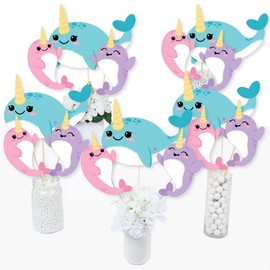 Narwhal Girl - Under The Sea Baby Shower or Birthday Party Centerpiece Sticks - Table Toppers - Set of 15