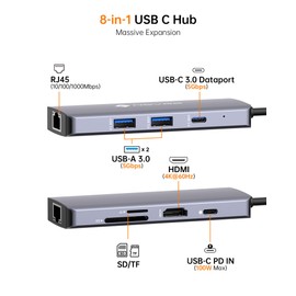 NOVOO R8C Pro 8-in-1 USB C Hub Multiport Adapter with 4K@60Hz HDMI, USB-C 3.0, USB-A 3.0, 2 USB-A 2.0, RJ45 Ethernet, SD/TF Card Slots – USB C Adapter for MacBook, Dell, HP, Lenovo, and More