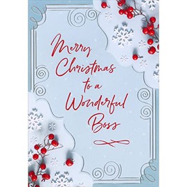 Designer Greetings Holly Berries and Snowflake Borders on Light Blue Christmas Card for Boss
