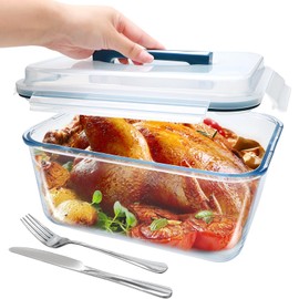 Large Glass Food Storage Container with Airtight Locking Lid ,Glass Food Storage Containers with Knife and Fork, 5600 ML / 189 oz /23 Cup - Storing Rotisserie Chicken, Food, Vegetables, Fruit