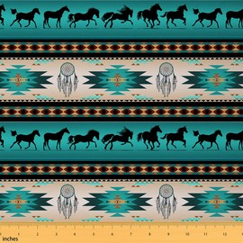 Erosebridal Horse Upholstery Fabric, Dream Catchers Fabric by The Yard for Cowboy Cowgirl, Southwestern Native Aztec Horses Decorative Bohemian Tribe Farmhouse Wildlife Animal Green, 2 Yards