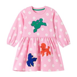 Hongshilian Girl's Cotton Christmas Dress Cute Cartoon Appliques Long Sleeved Swing A-Line Casual Tunic Playwear(2T,Pink&Dogs)