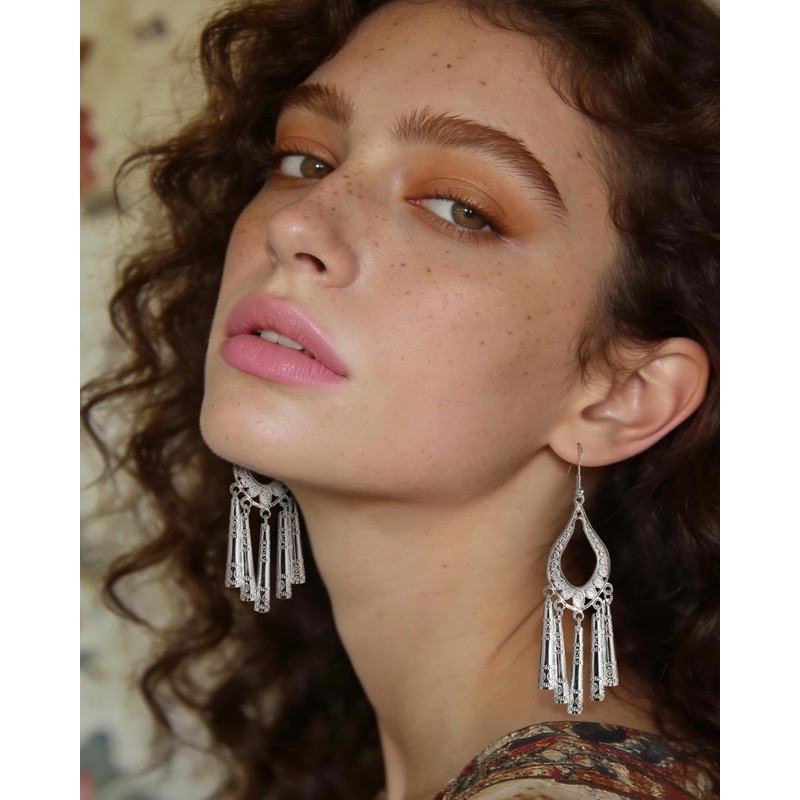 Teppdfann Silver Boho Chandelier Earrings Intricate Bohemian Earrings with Filigree