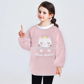 Rumnoke Kids Art Smock Toddler Children Artist Painting Aprons Waterproof Long Sleeves Paint Smocks with Pockets Cat Pink 100 M