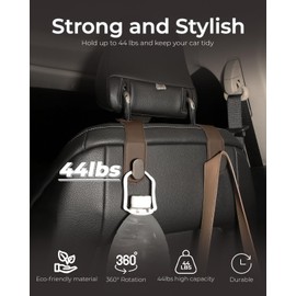 MAKENDO 4 Pack Car Headrest Hooks, Car Seat Organizer with PU Leather & Stainless Steel Up to 44 lbs, Car Seat Back Hook for Purse/Bags