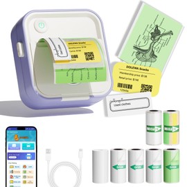 DOLEWA Mini Printer, Portable Thermal Printer with 7 Rolls of Stickers, Sticker Width Adjustable 12-57 mm, Compatible with Smartphone and Tablet, for Learning, Pictures, Receipts, To Do Lists (Purple)