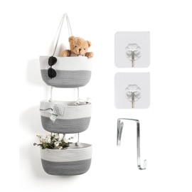 ANTIS'S HOME Over The Door Organizer Hanging Basket, 3-Tier Woven Cotton Wall-Mounted Nursery Storage Organizer Bag Boho Decorative Hanging Nursery Baskets for Living Room Bedroom - Gray& White