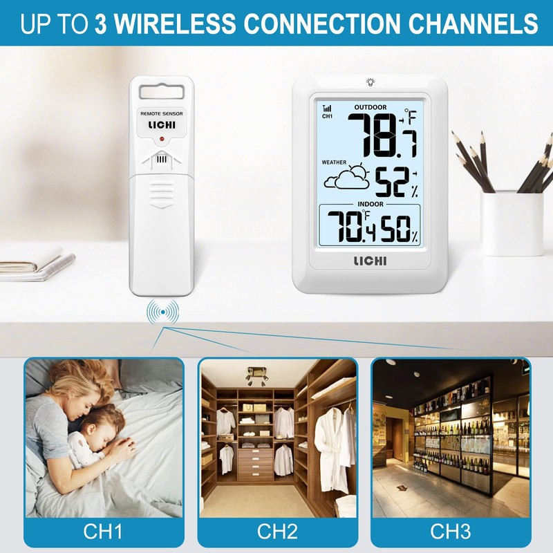 Indoor Outdoor Thermometer Wireless Weather Station, Internal External Thermometer Hygrometer,