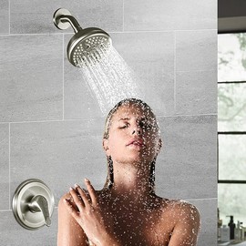 KINSE Shower Valve and Trim Kit, Shower Faucet Set With 5 Inches Rain Shower Fixtures, 5-Spray Shower Head and Faucet Set, Single Handle Control Shower Faucet Set with Valve (BrushedNickel）