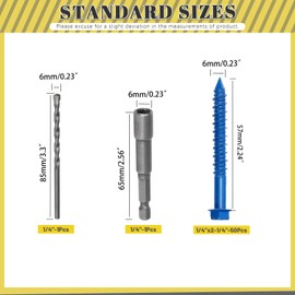 Mardatt 52Pcs 1/4" x 2-1/4" Concrete Screws, Slotted Hex Washer Head Concrete Screws Anchor with Drill Bit and Hex Bit Socket, Self Tapping Masonry for Anchoring to Masonry Block Brick Stucco