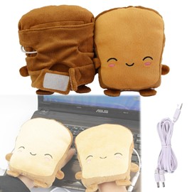 1 Pair USB Cute Heated Mittens Electric Plush Fingerless Thermal Gloves Cartoon Winter USB Hand Warmer Gloves Soft Toast Heating Powered Glove Heated Typing Glove for Phone Laptop Gaming