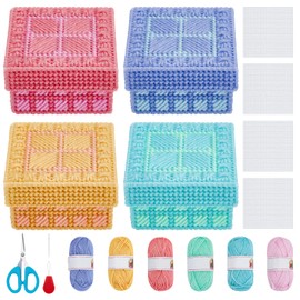 FREEBLOSS 4 Set Plastic Canvas Box Kit Plastic Canvas Kit for Beginners Mesh Canvas Sheets and 6 Colors Yarn for Embroidery Crafting, Knitting Projects