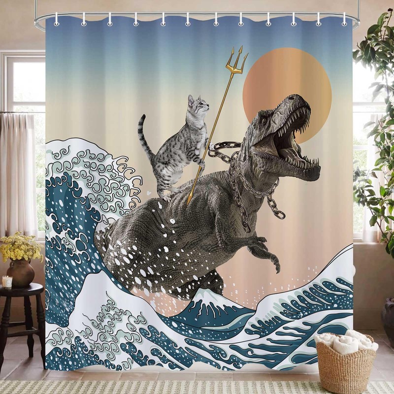MCKTOM Funny Shower Curtain Cat Dinosaur Japanese Ocean Wave Shower