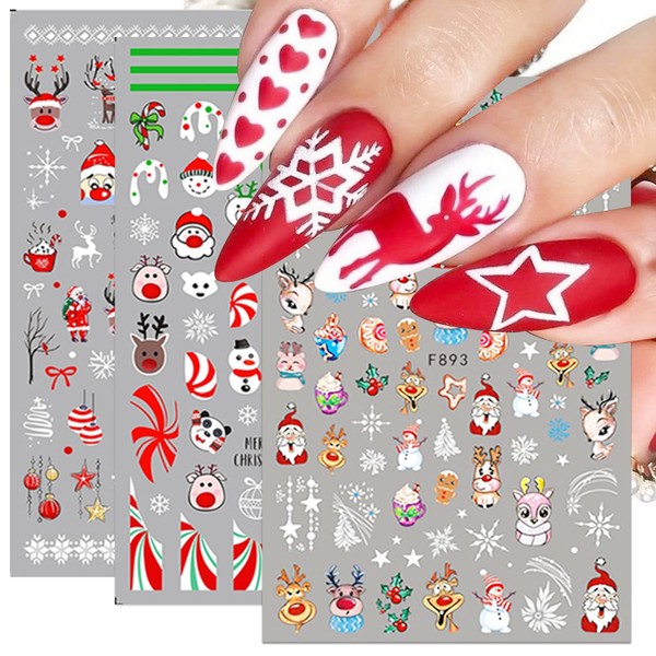 Christmas Nail Stickers - 10 Sheets Cartoon Nail Art Decals Elks Nail Decorations DIY Snowflake 3D Self-Adhesive Stickers Penguin Nail Supply for Women Girls (2571)