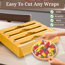 VROOLIX Bamboo Wall Wrap Dispenser with Cutter and Labels - 4 in 1 Kitchen Drawer Organizer for Wax, Parchment Paper, Tin and Aluminum Foil Compatible with 11"" Roll, Larg