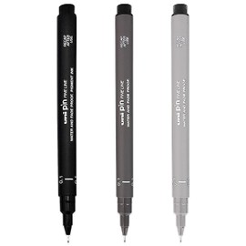 Uni Pin Fineliner Drawing Pen 0.1mm Tip Black Dark Grey and Light Grey Ink (Pack of 3)