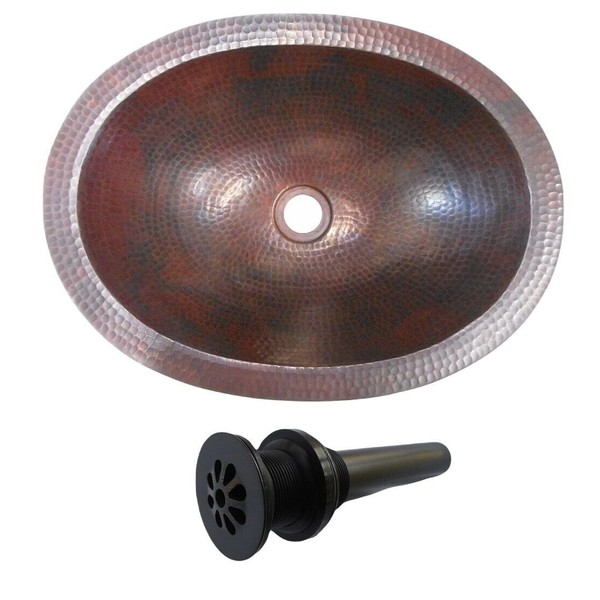 SimplyCopper Small 16" x 12" Oval Copper Bath Sink Dual Mount with Daisy Drain