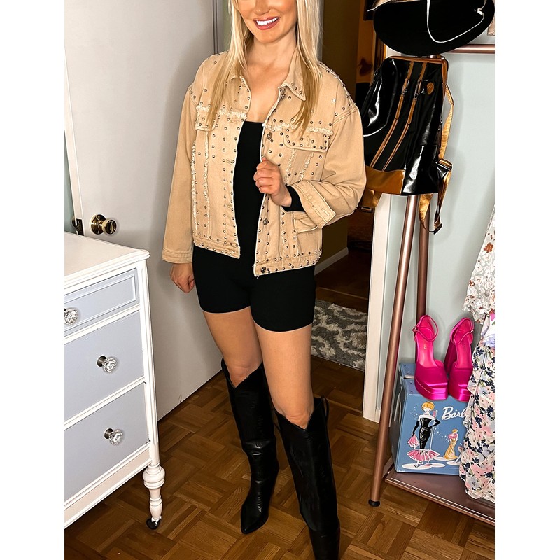 APAFES Women's Fashion Crop Fringe Denim Jacket Distressed Western Studded