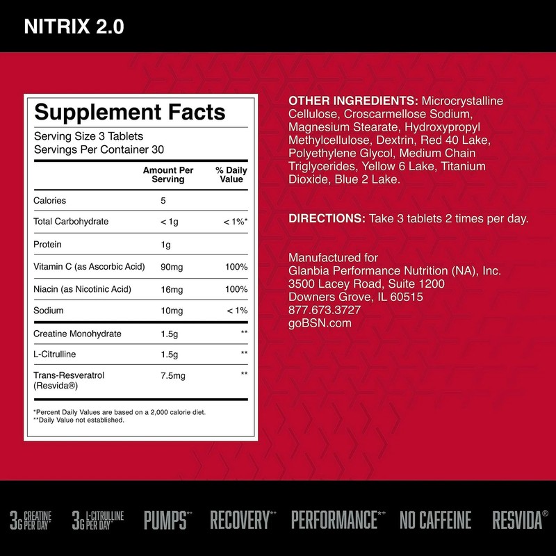 BSN NITRIX 2.0, Workout Supplement, Nitric Oxide Precursors, 3g Creatine,