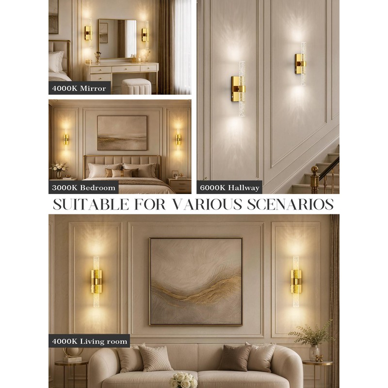 10000mAh Battery Operated Wall Sconces Set of 2, Gold, 15.3