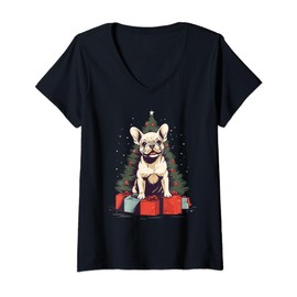 Christmas Tree, ornaments and Cute Frenchie Santa Christmas V-Neck T-Shirt
