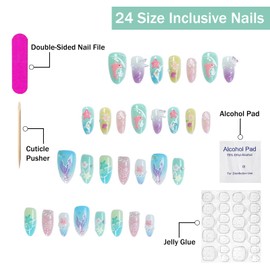 3D Press on Nails Medium Almond SWEKKE Ocean Fake Nails Flower False Nails with Designs Shell Dolphin Starfish Glossy Glue on Nails Summer Acrylic Nails for Women Girls 30Pcs