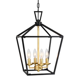 Untrammelife 4-Light Black and Gold Brushed Brass Kitchen Pendant Light Modern Geometric Chandelier Adjustable Chain Cage Hanging Fixture for Foyer Dining Room
