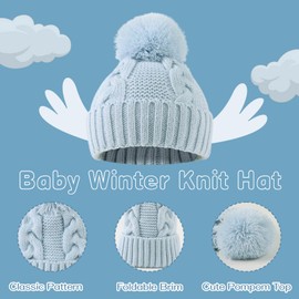 Zsedrut Baby Winter hat Girls Boys Warm Twist Beanie Infant Knitted Beanie with Pompom (SkyBlue+Gray,0-6 Months)