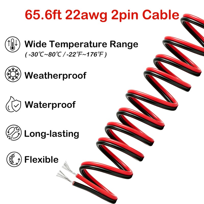 65.6ft 2pin 22AWG Electrical Wire, 22/2 20m Low Voltage Red
