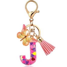 [Looking] Women Keychain Cute Stylish Alphabet Key Ring Pink Initial Letter Reel Strap Tassel Purse Backpack Charm, Pink J