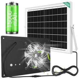 Solar Powered Fan with Timer & 15000mAh Battery, 25W Efficient Solar Exhaust Intake Fan, 3500 RPM High-Speed Waterproof Ventilation Fans for Chicken Coops, Greenhouses, Pet Houses, Sheds & Windows
