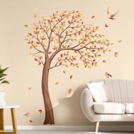 Tanlaby Large Tree Wall Stickers Autumn Leaves Birds Wall Decals Peel and Stick Fall Leaf Art Decor for Baby Nursery Kids Bedroom Playroom Kindergarten (H: 164 CM)