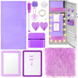 Wonderjune 12 Pcs Locker Accessories Kit Magnetic Mirror Whiteboard Pen Holder Magnet Hook Locker Wallpaper Rug Keychain Marker String Light for Back to School Essentials Locker Decorations(Purple)