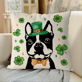 GAGEC St Patricks Day Pillow Covers 18x18 Inch Boston Terrier Throw Pillowcase Dog Living Room Sofa Pillowcase Dog St. Patrick's Day Home Decorations