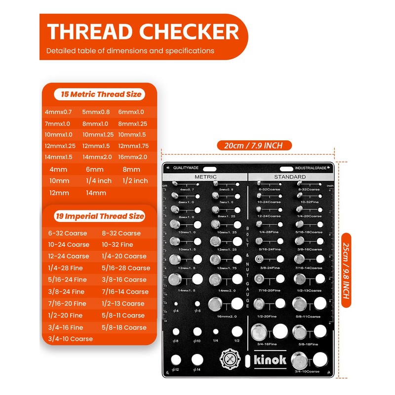 42 Thread Checker Standard and Metric Kinok Bolt Size and