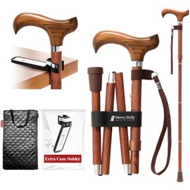 [Combo] Merry Sticks Lightweight Foldable Walking Canes for Women and Men, Adjustable & Collapsible Walking Stick for Seniors, Includes A Cane Bag & A Smart Reflective Cane Holder - Sen Wood