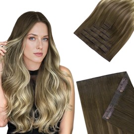 HOTBANANA Invisi Edge Clip in Hair Extensions, 14inch 120g Injected Seamless Clip in Extensions 7Pcs Ombre Walnut Brown to Ash Brown and Bleach Real Human Hair PU Hair Extensions
