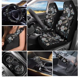 Tupalatus Dragonfly Pattern Car Seat Covers Full Set Fashion Car Interior Accessories Steering Wheel Cover Auto Seat Belt Cover Coasters Gear Shift Cover Hand Brake Cover 9 Pieces