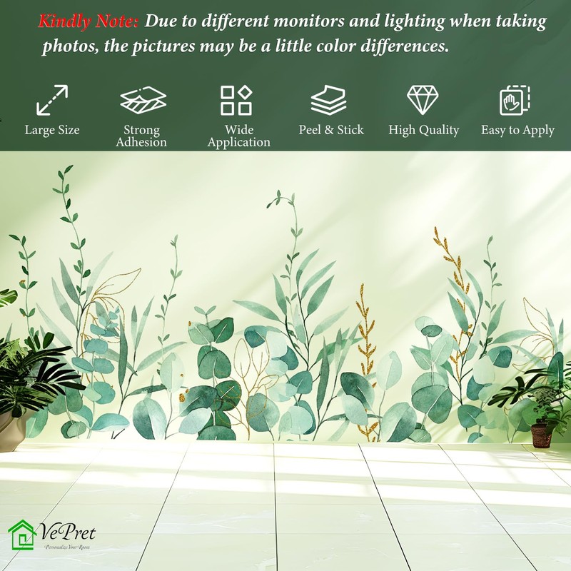 VePret Large Hanging Vines Wall Decals Peel and Stick, Eucalyptus